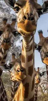 Curious giraffes gaze into the camera in a safari setting.