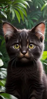 Adorable kitten surrounded by lush green jungle foliage.