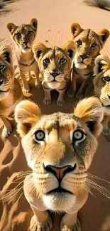 A group of curious lions stands on the sandy desert, staring directly at the viewer.