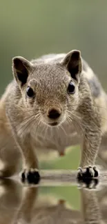 Close-up of a curious squirrel on a reflective surface with a blurred background.