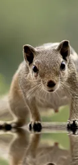 Close-up of a squirrel reflected on a water surface.