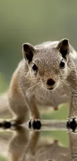 Curious squirrel reflected on a glossy surface, nature mobile wallpaper.