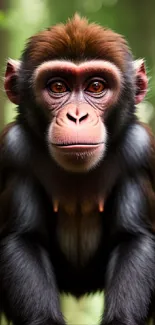 Young chimpanzee in forest setting, looking curious and alert.