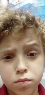 Curly-haired child in a close-up portrait with a thoughtful expression.