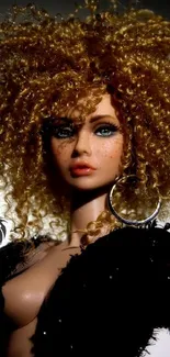 Captivating doll with curly hair and bold earrings in stylish attire.