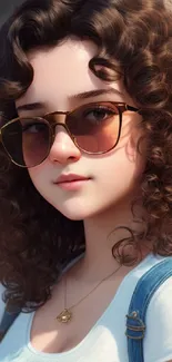 Curly-haired girl with sunglasses in a digital art style.