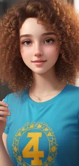 Wallpaper of a curly-haired girl in a blue t-shirt with natural lighting.