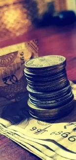 Stack of coins on Indian currency on a table.