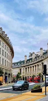 Curved London street with historic buildings and red buses.