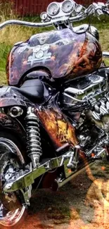 Custom motorcycle with flame design paint and chrome details.