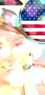 Woman in headset with USA flag symbol, smiling.