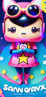 Cute 3D cartoon character in a colorful outfit with stars.