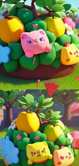 Cute 3D cartoon garden wallpaper with animals.