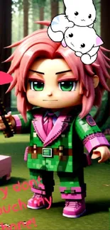 3D character with pink hair in a forest, holding an axe, cute design.