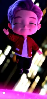 3D cartoon character in a red jacket floating against a cityscape with vibrant colors.