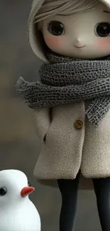 Cute 3D character in beige coat with bird