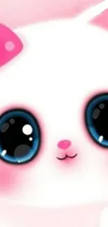 Adorable cartoon cat with big eyes and a pink bow on a pinkish background.