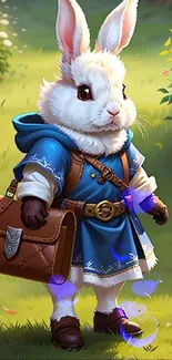 Illustration of a cute rabbit adventurer in a vibrant, fantasy forest setting.