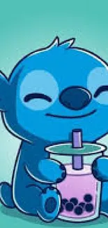 Blue cartoon alien enjoying bubble tea on turquoise background.