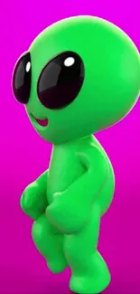 Cute green alien cartoon on a pink background.