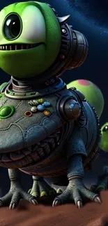 Cute green alien with robotic gear on a whimsical background.