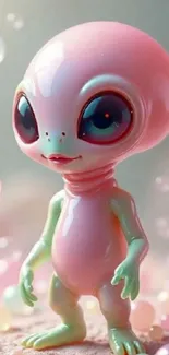 Cute pink and green alien cartoon with bubbles.