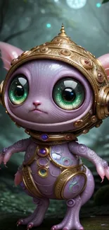 Fantasy alien cat in a mystical forest setting with vibrant eyes.