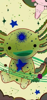 Cute alien cartoon creature with colorful accents on mobile wallpaper.