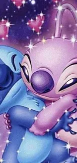 Cute animated alien couple embrace on a starry purple background.