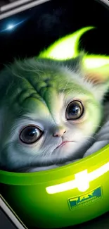 Adorable alien creature in glowing green pod with starry background.