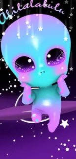 Cute neon turquoise alien wallpaper on a purple galaxy background.