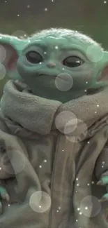 Adorable green alien in a cozy coat with a starry background.