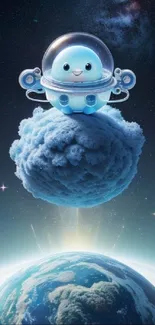 Cute alien character on a fluffy blue cloud over Earth in space.