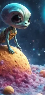 A cute alien on a vibrant planet in space.