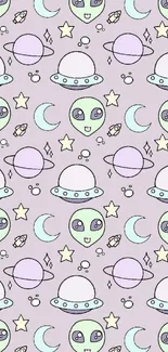 Playful pattern with cute aliens, planets, and stars on a lavender background.