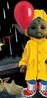 Cute alien in a yellow raincoat holding a red balloon on a dark background.