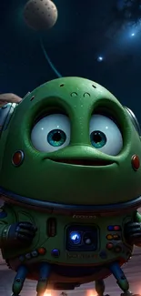 Cute green alien in cosmic space scene with stars and planets.