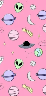 Cute alien and space themed pink wallpaper with planets and UFOs.