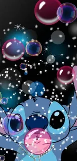 Cute cartoon alien with stars and bubbles.