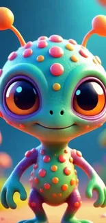 A cute cartoon alien with big eyes and colorful spots.