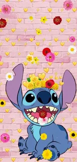 Cute blue alien with flower crown against pink heart background.