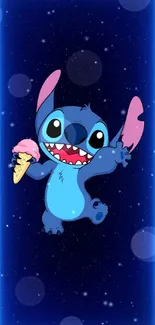 Cute blue alien with ice cream on a starry, neon-lit background.