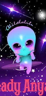 Cute alien character on purple galaxy wallpaper with stars.