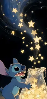 Cute blue alien releasing glowing stars at night.