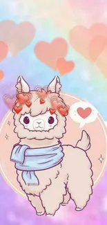 Cute alpaca with pastel hearts mobile wallpaper.