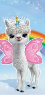 Cute alpaca unicorn with rainbow wings and horn in fantasy setting.