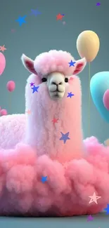 Cute pink alpaca with colorful balloons on a pastel background.