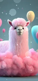 Adorable fluffy pink alpaca with colorful balloons on a whimsical background.