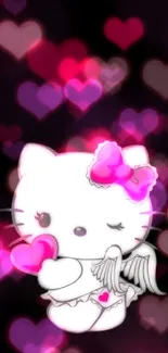 Cute angel cat on black background with pink heart.