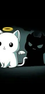 Cartoon cat with angel halo and devil shadow on dark background.